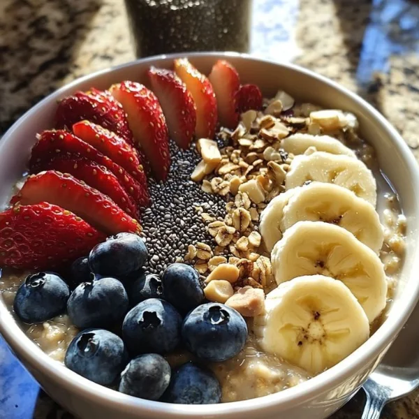 Bowl de avena con fresas, plátano, arándanos, chía y frutos secos