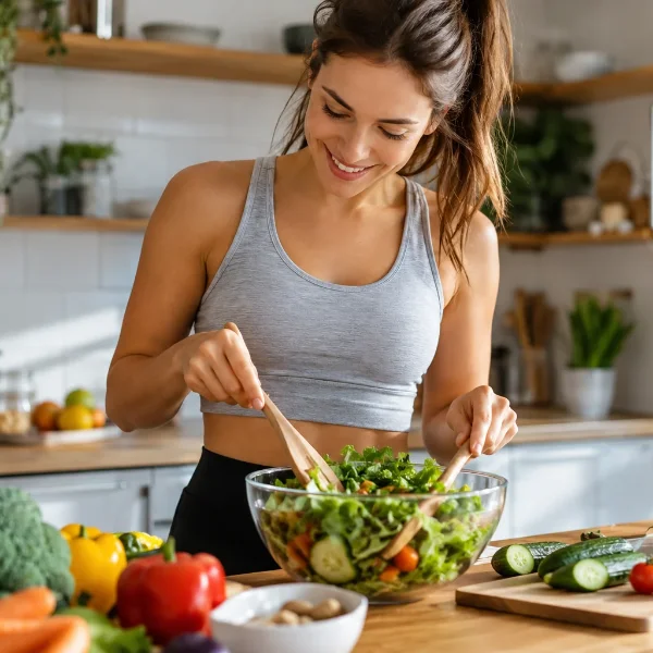 Mujer preparando una ensalada fresca en su cocina