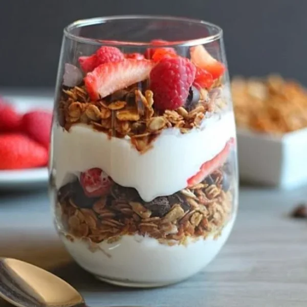 Vaso con yogur, granola y frutos rojos