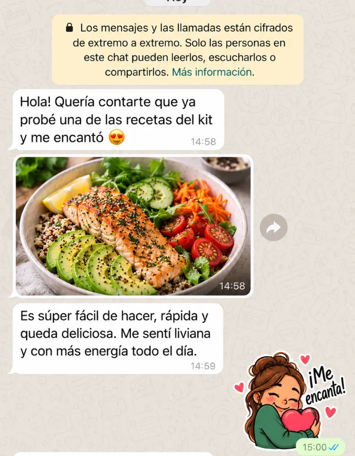 Testimonio de clienta en WhatsApp con la foto de un plato de salmón preparado con una receta del recetario