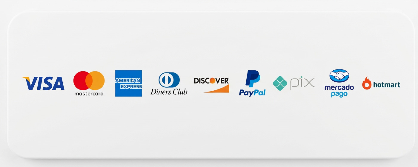 Métodos de pago: Visa, Mastercard, American Express, Diners Club, Discover, PayPal, Pix, Mercado Pago y Hotmart